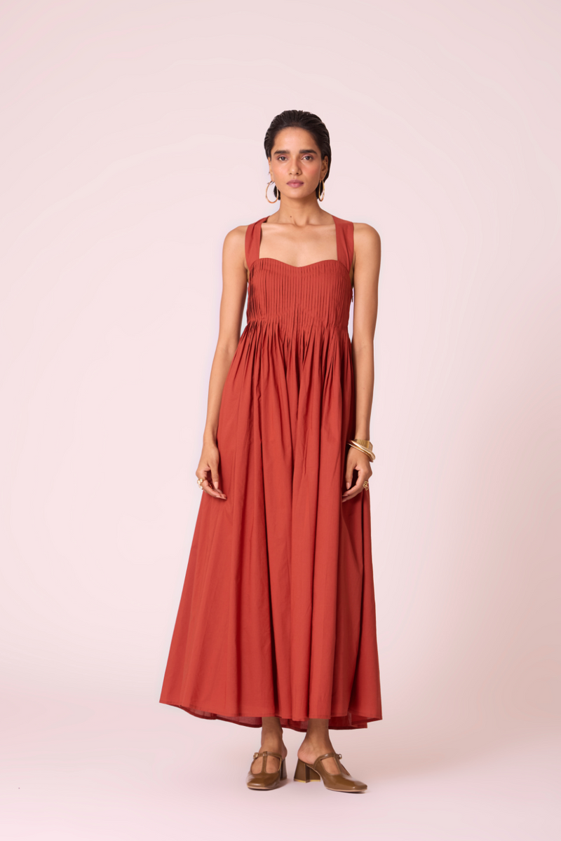 Erato Rust Pleated Dress cotton by The Summer House in rust color for women in Singapore