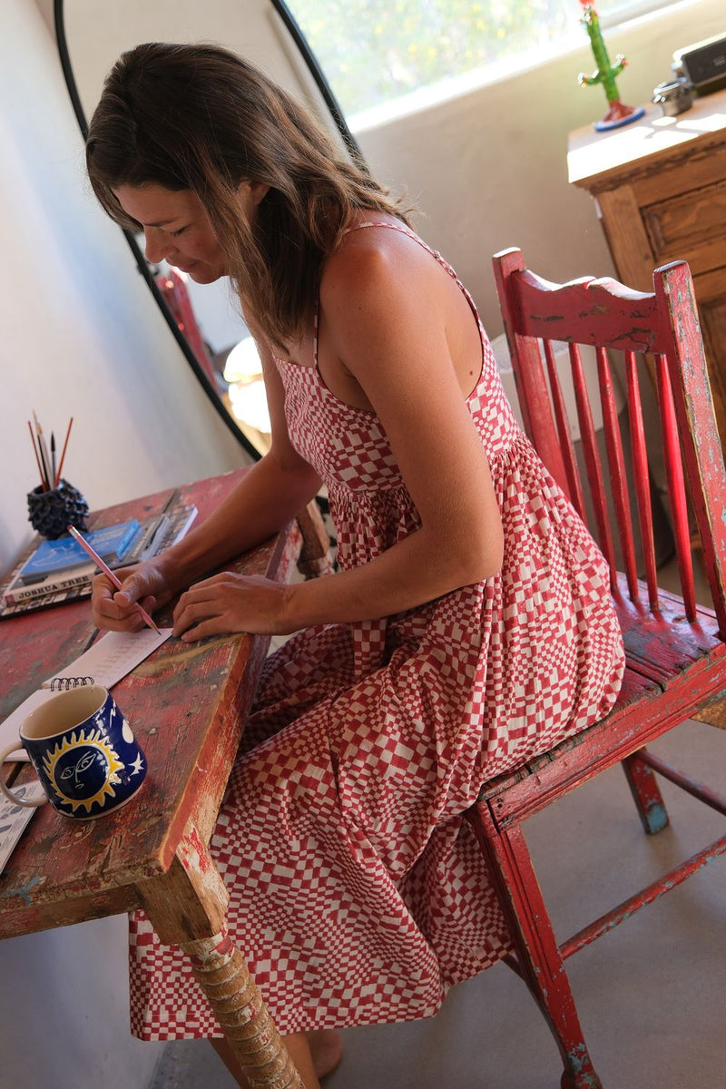 Erica Dee Dee — Sunday Picnic Dress hand block printed cotton dress by World of Crow in red for women in Singapore