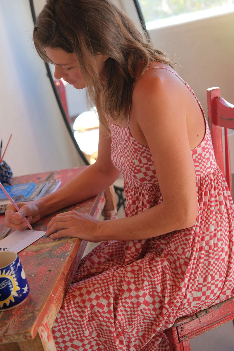 Erica Dee Dee — Sunday Picnic Dress hand block printed cotton dress by World of Crow in red for women in Singapore