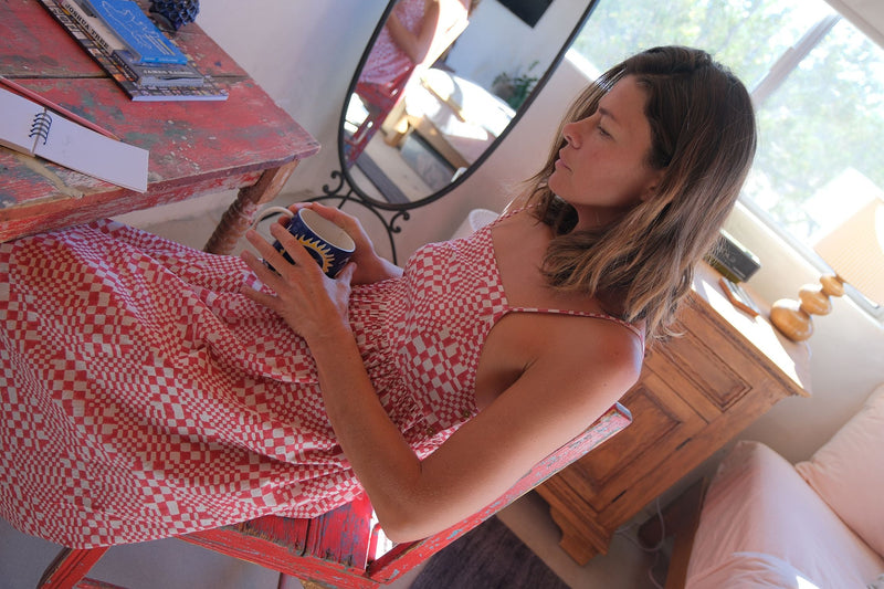 Erica Dee Dee — Sunday Picnic Dress hand block printed cotton dress by World of Crow in red for women in Singapore