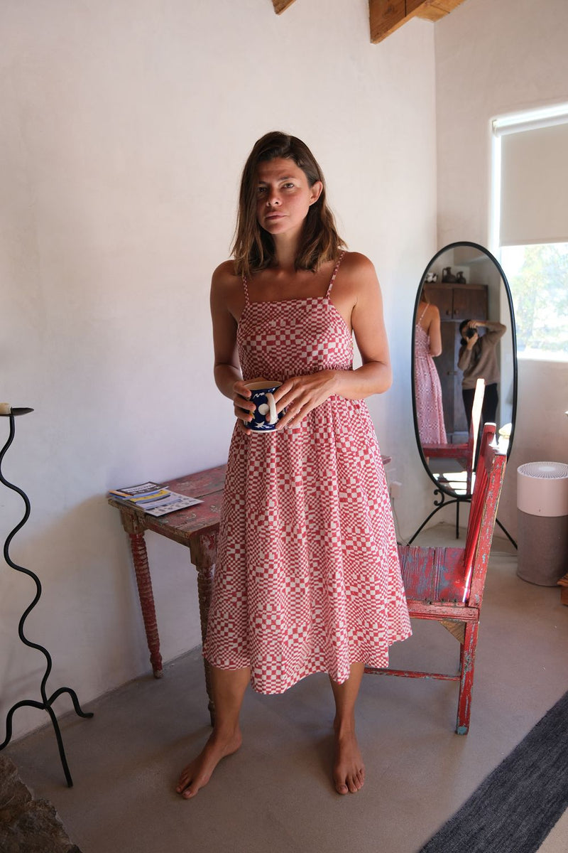 Erica Dee Dee — Sunday Picnic Dress hand block printed cotton dress by World of Crow in red for women in Singapore