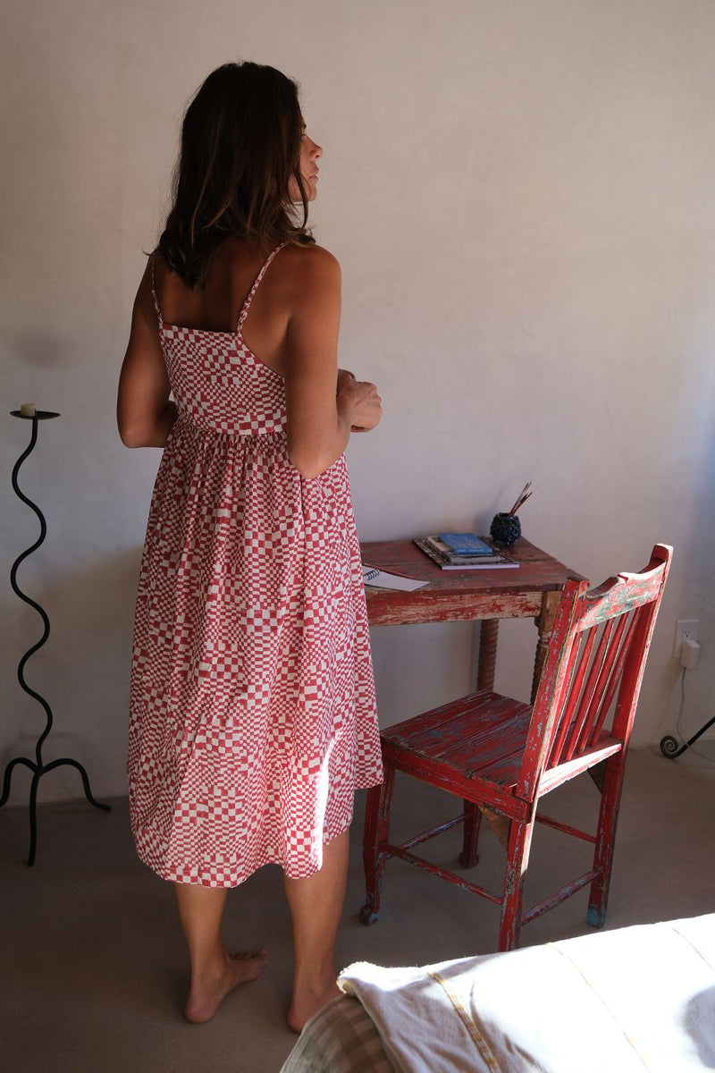 Erica Dee Dee — Sunday Picnic Dress hand block printed cotton dress by World of Crow in red for women in Singapore