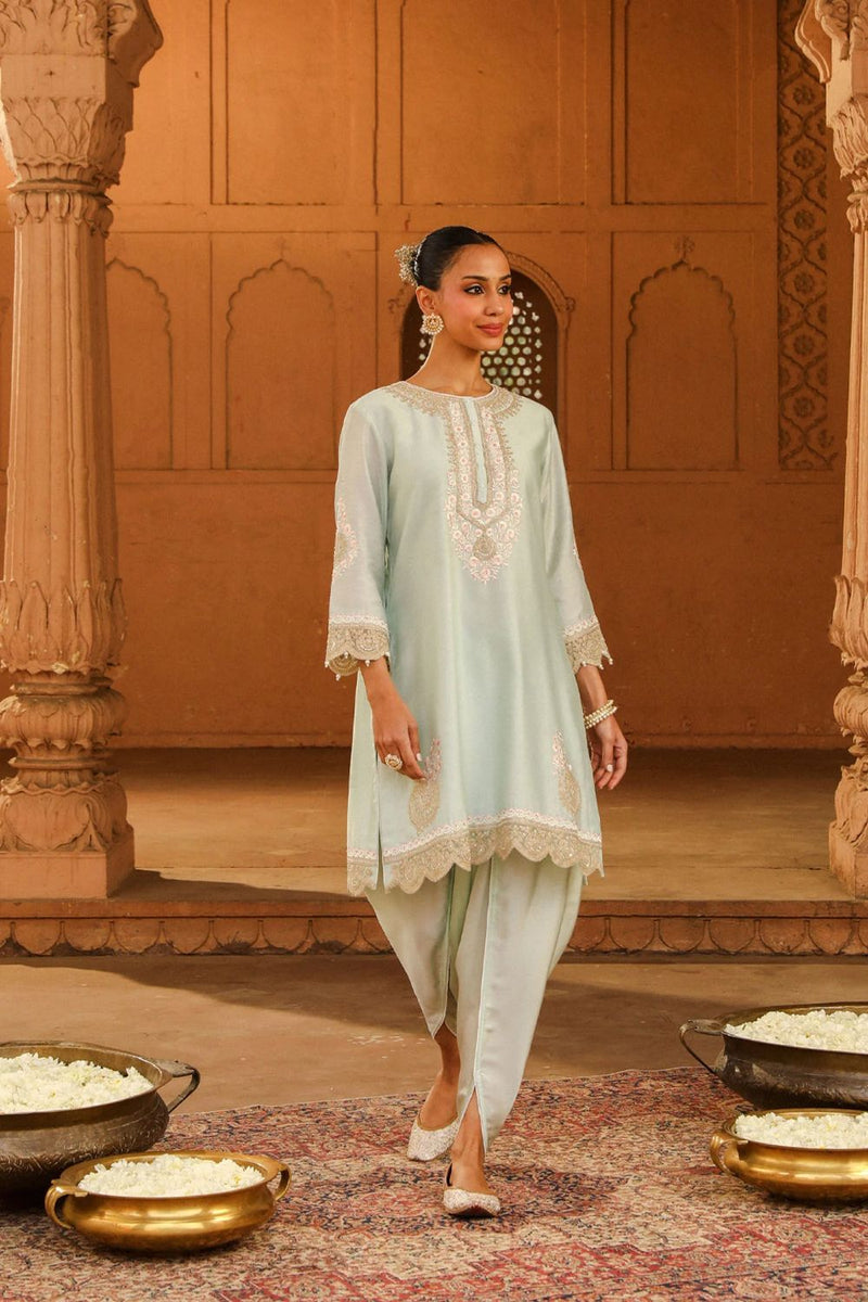 Ernika Short kurta with dhoti-Misty Green silk by SHEETAL BATRA in green color for women in Singapore