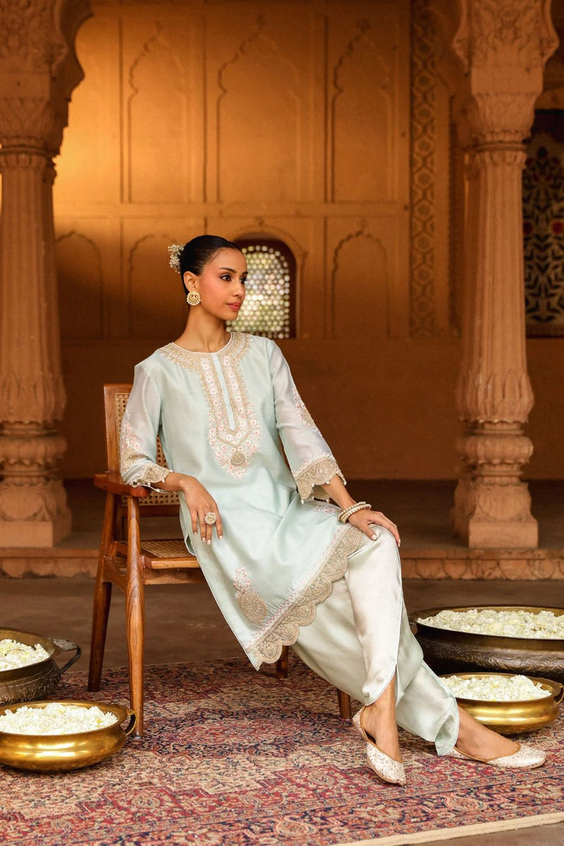 Ernika Short kurta with dhoti-Misty Green silk by SHEETAL BATRA in green color for women in Singapore