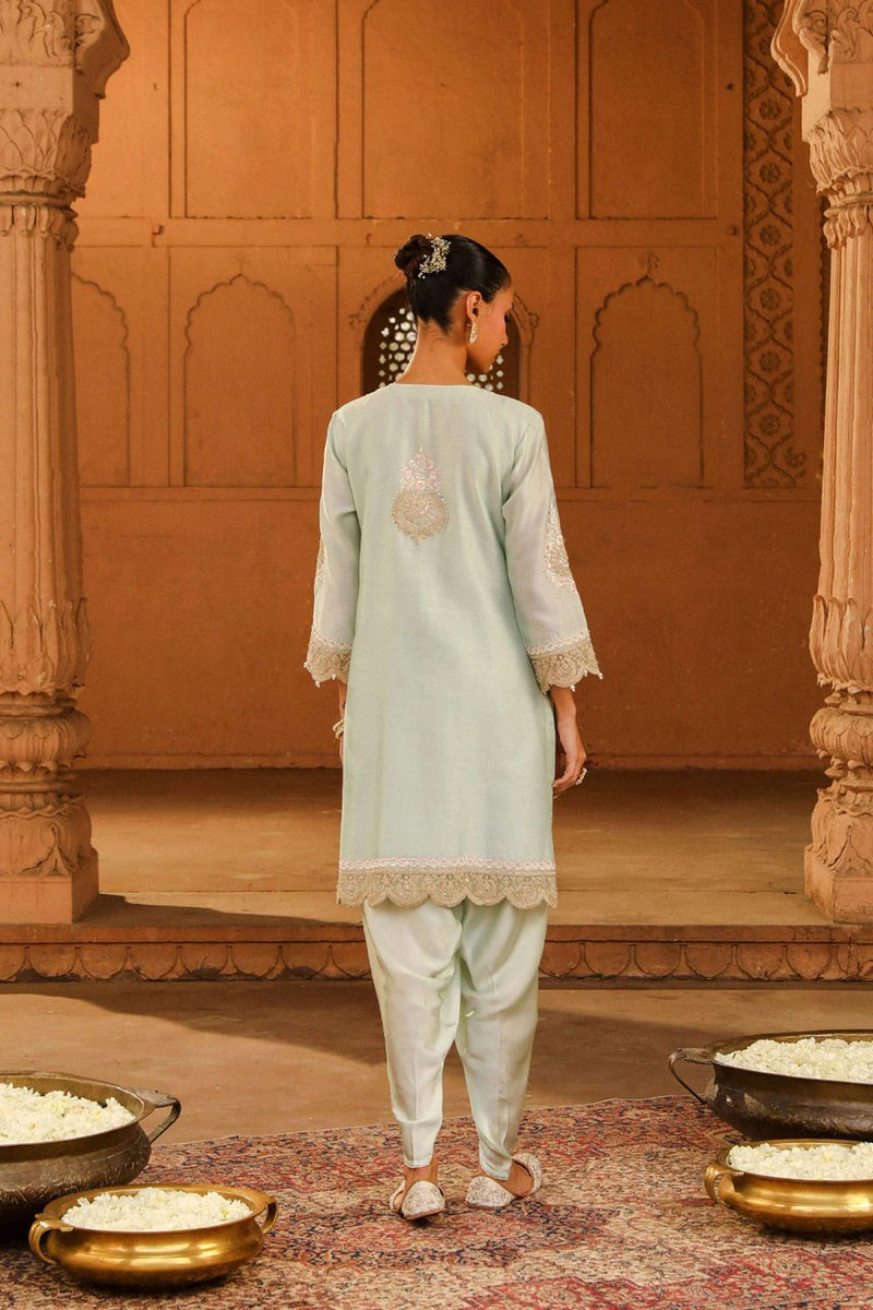 Ernika Short kurta with dhoti-Misty Green silk by SHEETAL BATRA in green color for women in Singapore