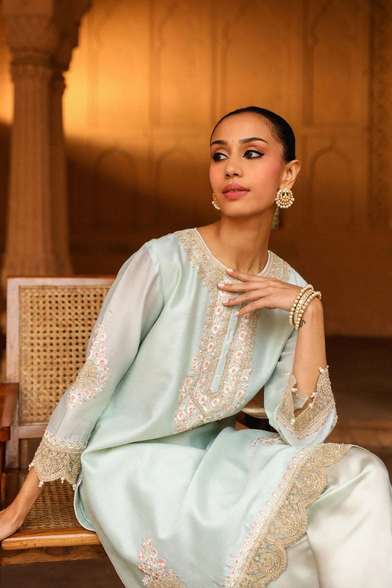 Ernika Short kurta with dhoti-Misty Green silk by SHEETAL BATRA in green color for women in Singapore