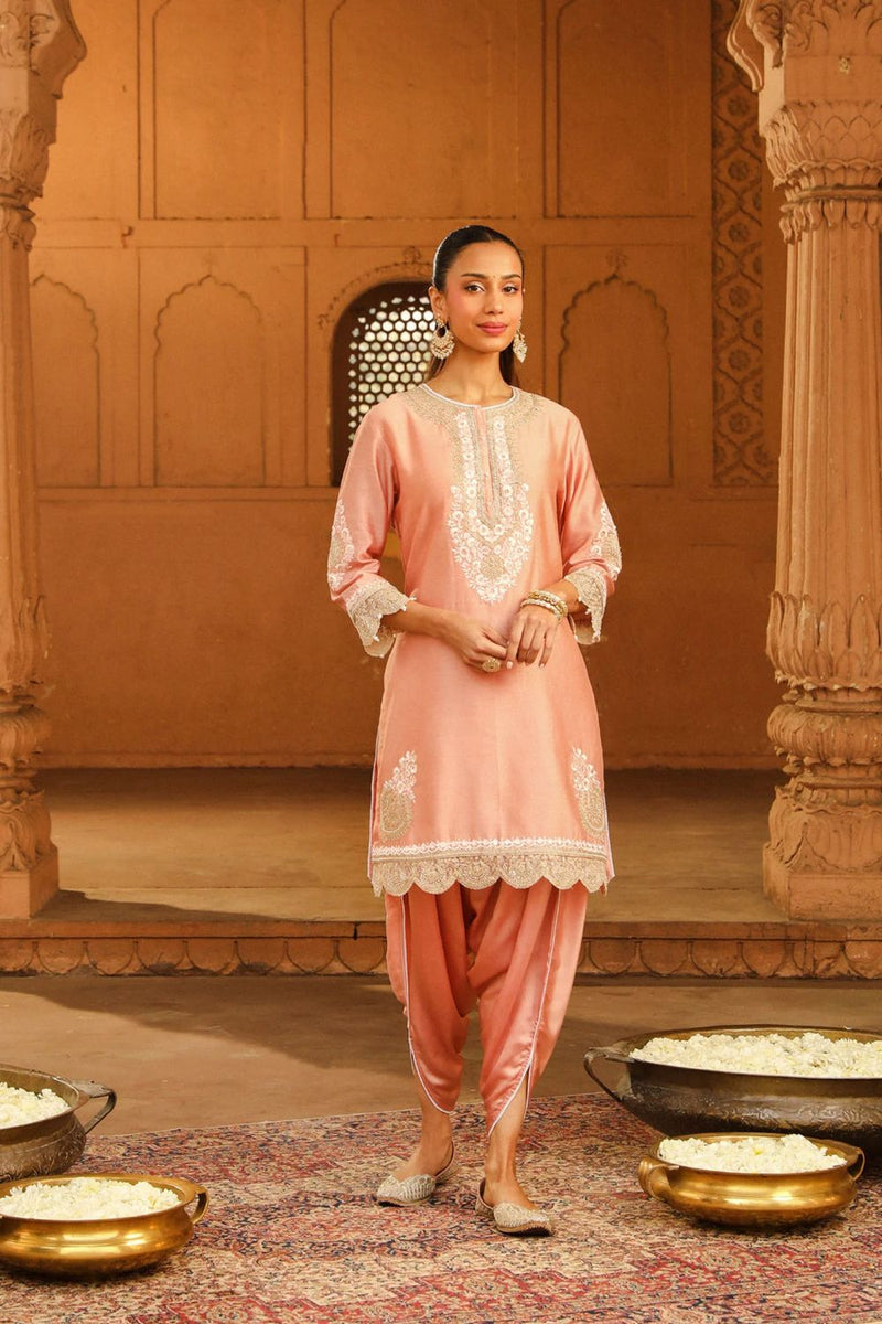 Ernika Short kurta with dhoti-Off-Rose silk by SHEETAL BATRA in pink color for women in Singapore