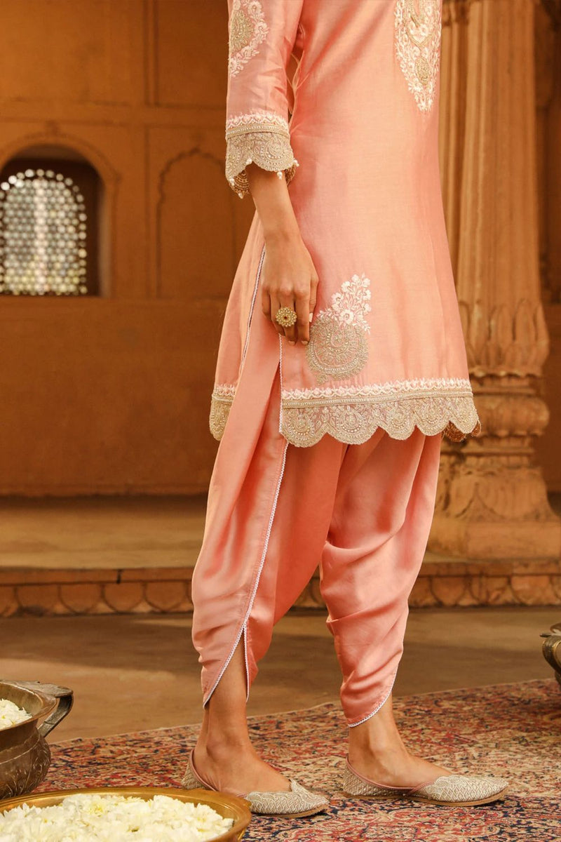 Ernika Short kurta with dhoti-Off-Rose silk by SHEETAL BATRA in pink color for women in Singapore