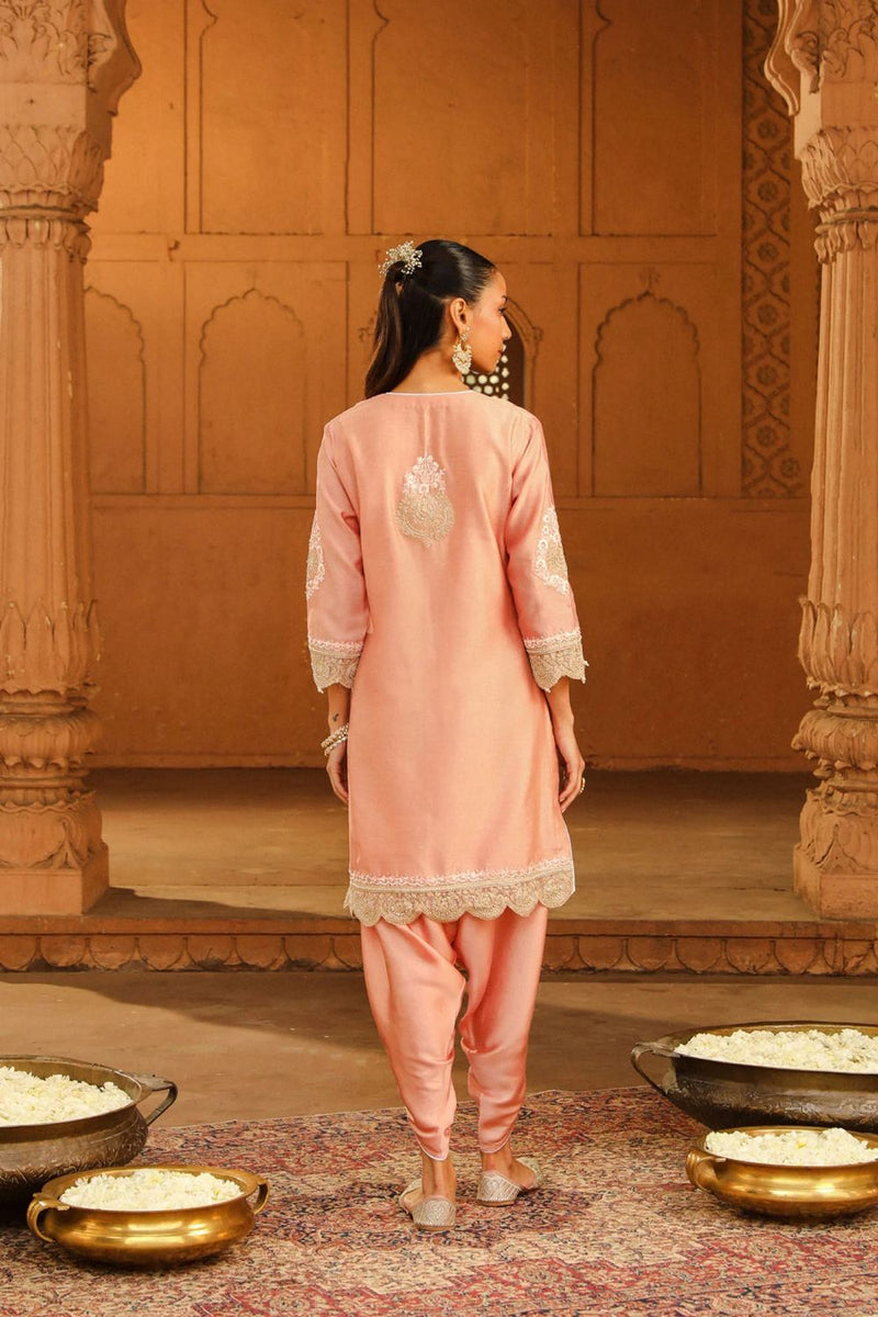 Ernika Short kurta with dhoti-Off-Rose silk by SHEETAL BATRA in pink color for women in Singapore