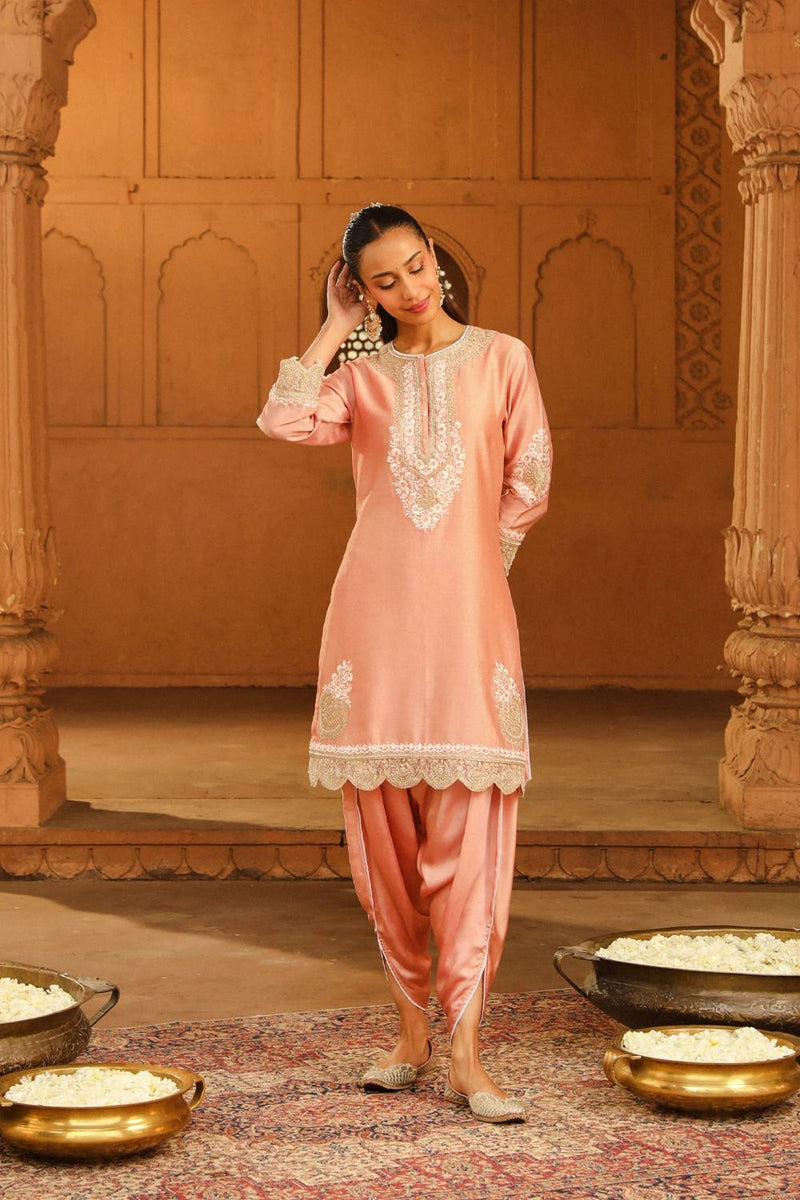 Ernika Short kurta with dhoti-Off-Rose silk by SHEETAL BATRA in pink color for women in Singapore
