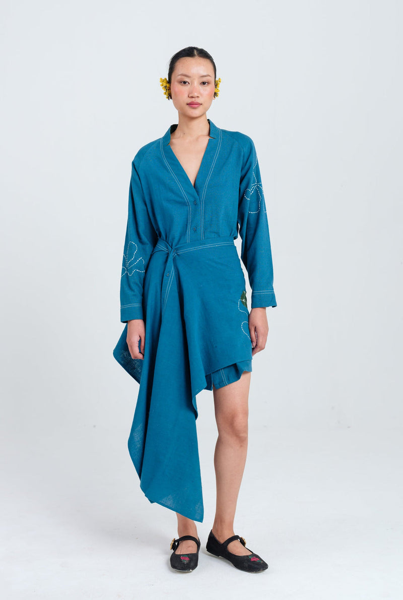 Ether Handloom Tunic Dress kala cotton dress by JodiLife in blue for women in Singapore