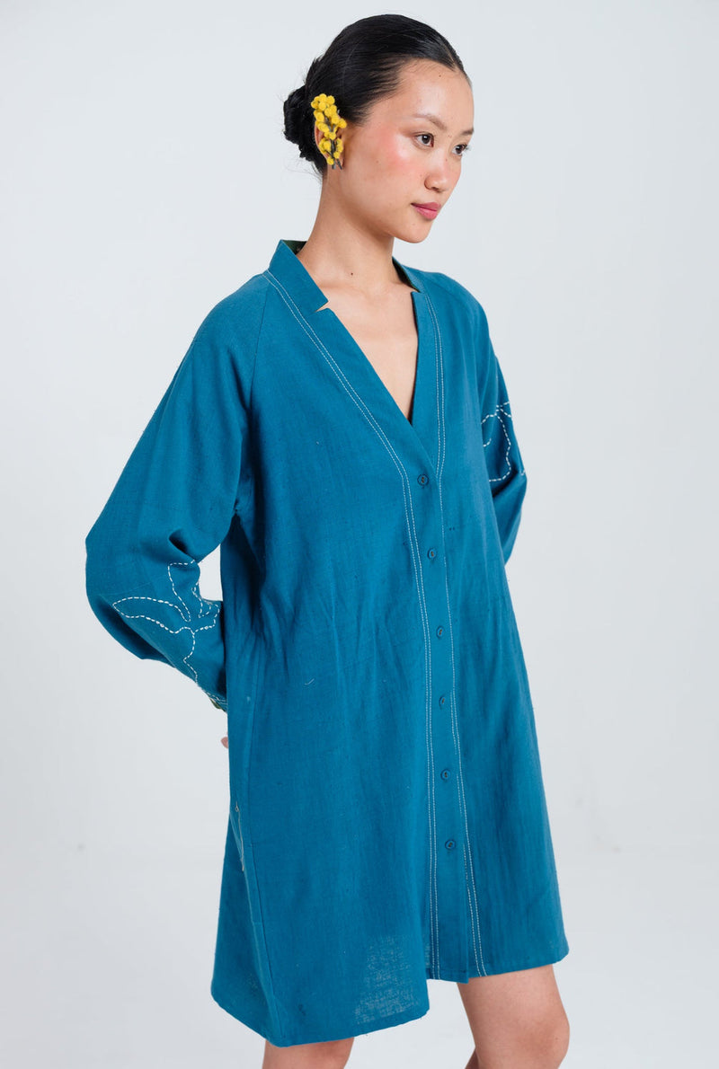 Ether Handloom Tunic Dress kala cotton dress by JodiLife in blue for women in Singapore