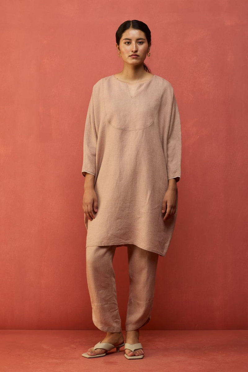 Etsu Yoke Linen Kurta Set - Dusty Rose by Manan for in Singapore