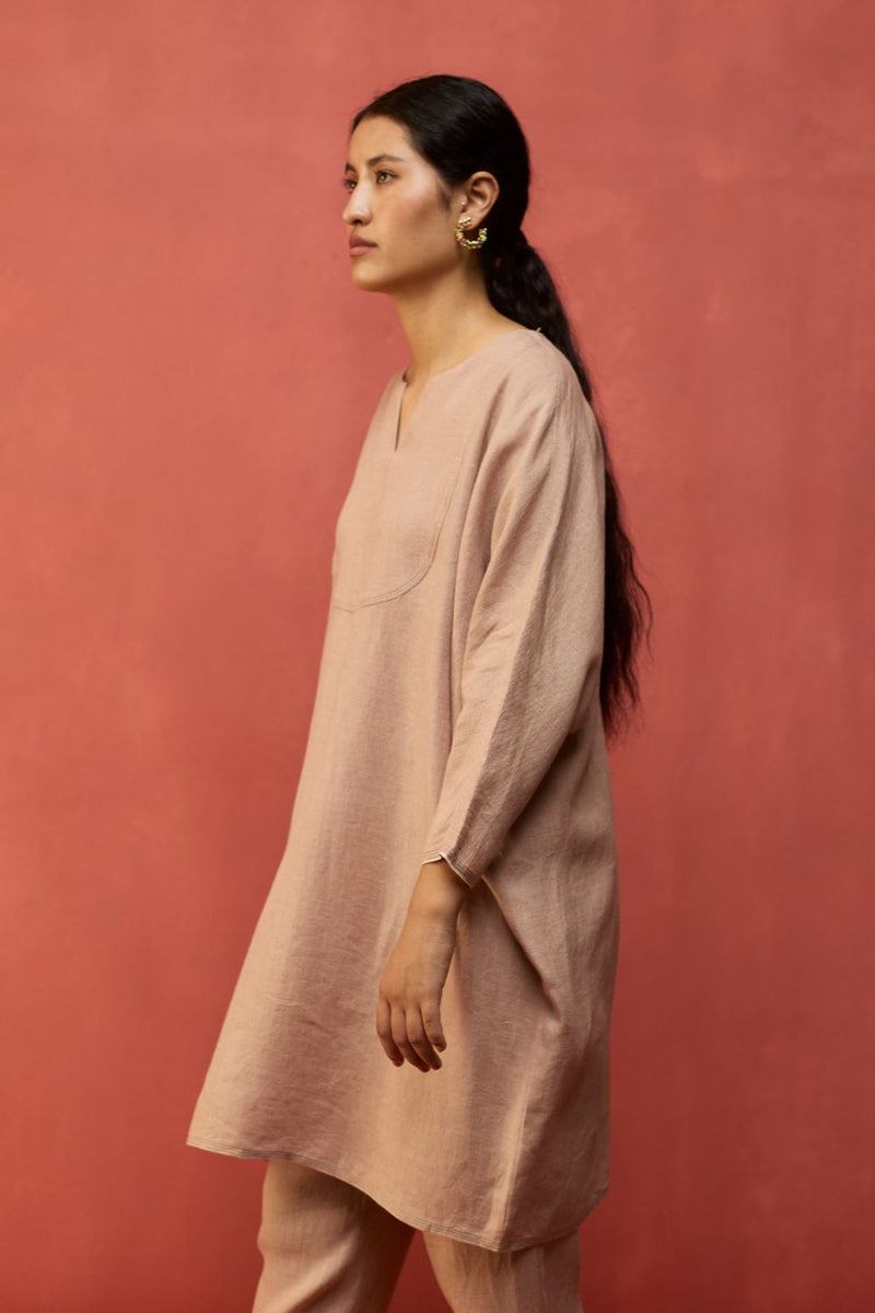 Etsu Yoke Linen Kurta Set - Dusty Rose by Manan for in Singapore