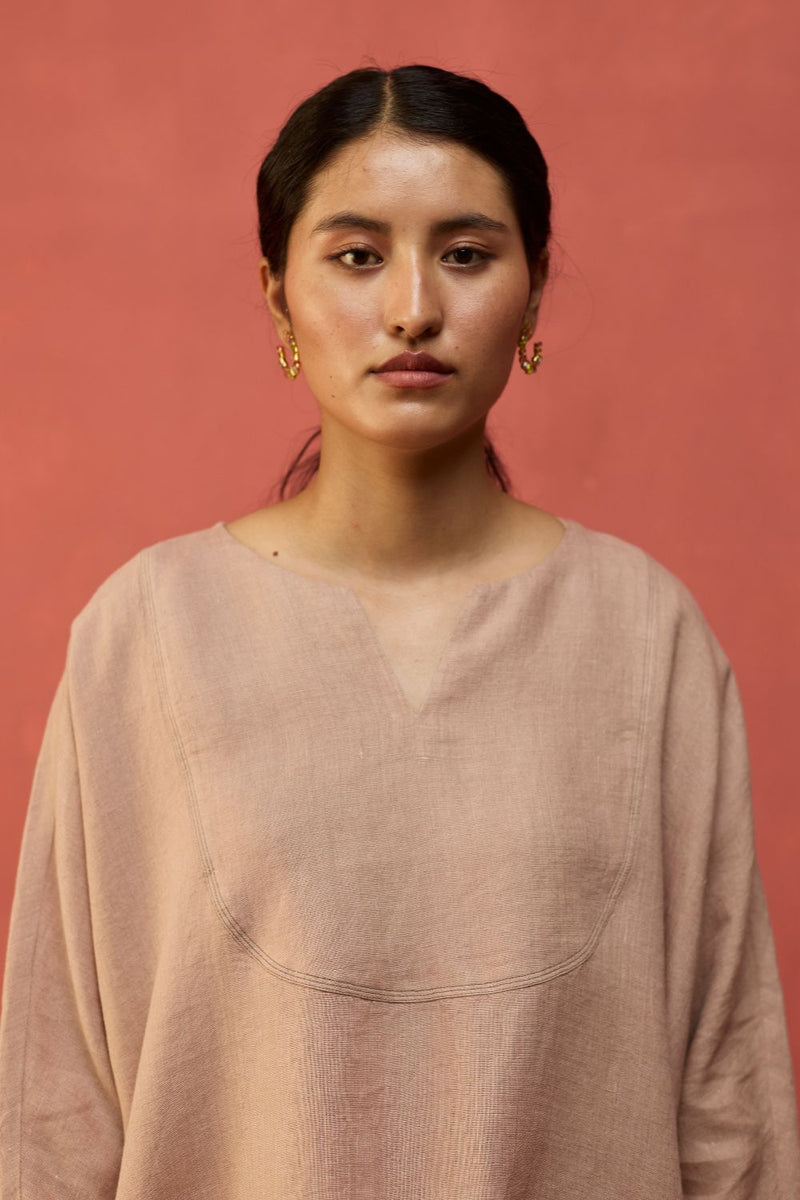 Etsu Yoke Linen Kurta Set - Dusty Rose by Manan for in Singapore