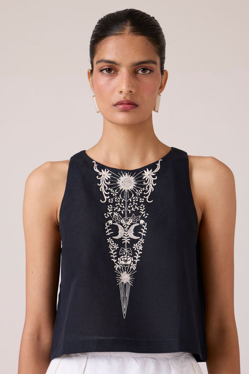 Evora Black Embroidered Top cotton by The Summer House in black color for women in Singapore