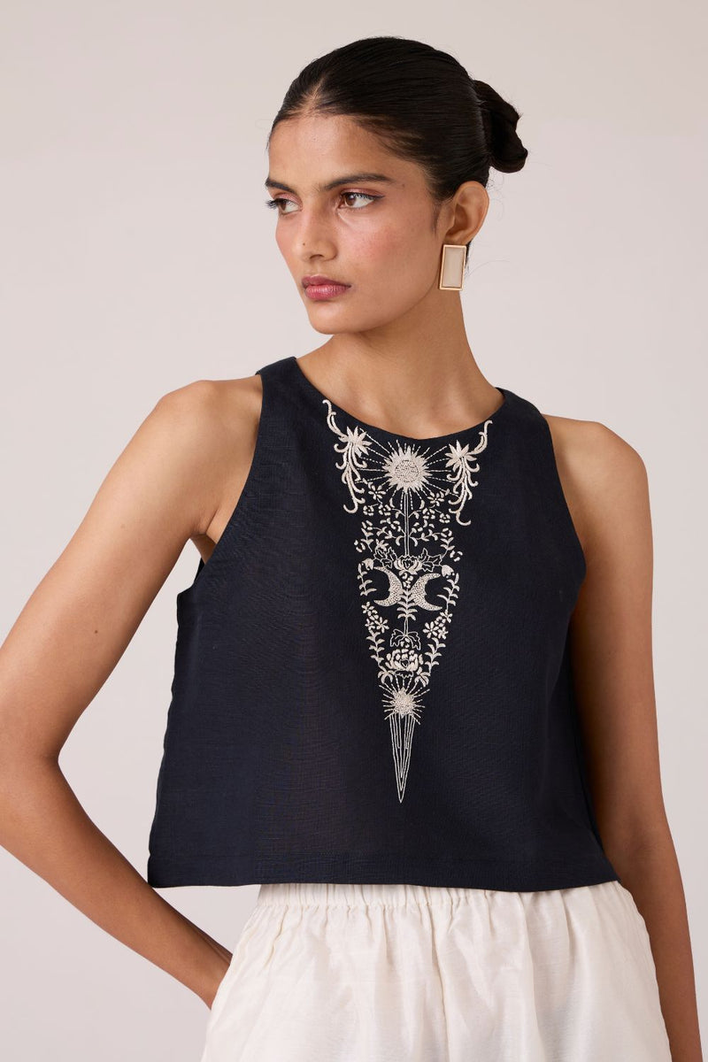 Evora Black Embroidered Top cotton by The Summer House in black color for women in Singapore