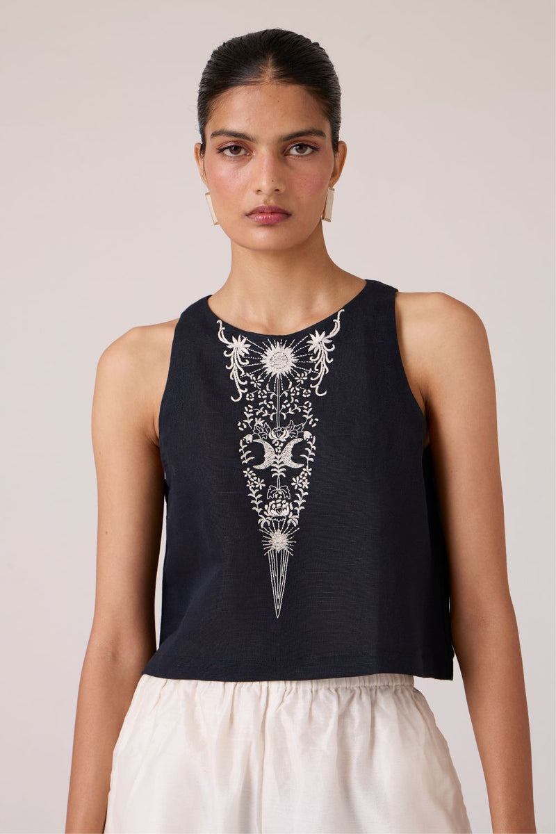 Evora Black Embroidered Top cotton by The Summer House in black color for women in Singapore