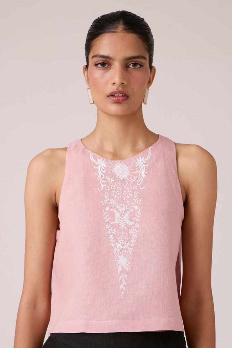 Evora Rose Embroidered Top linen by The Summer House in pink color for women in Singapore