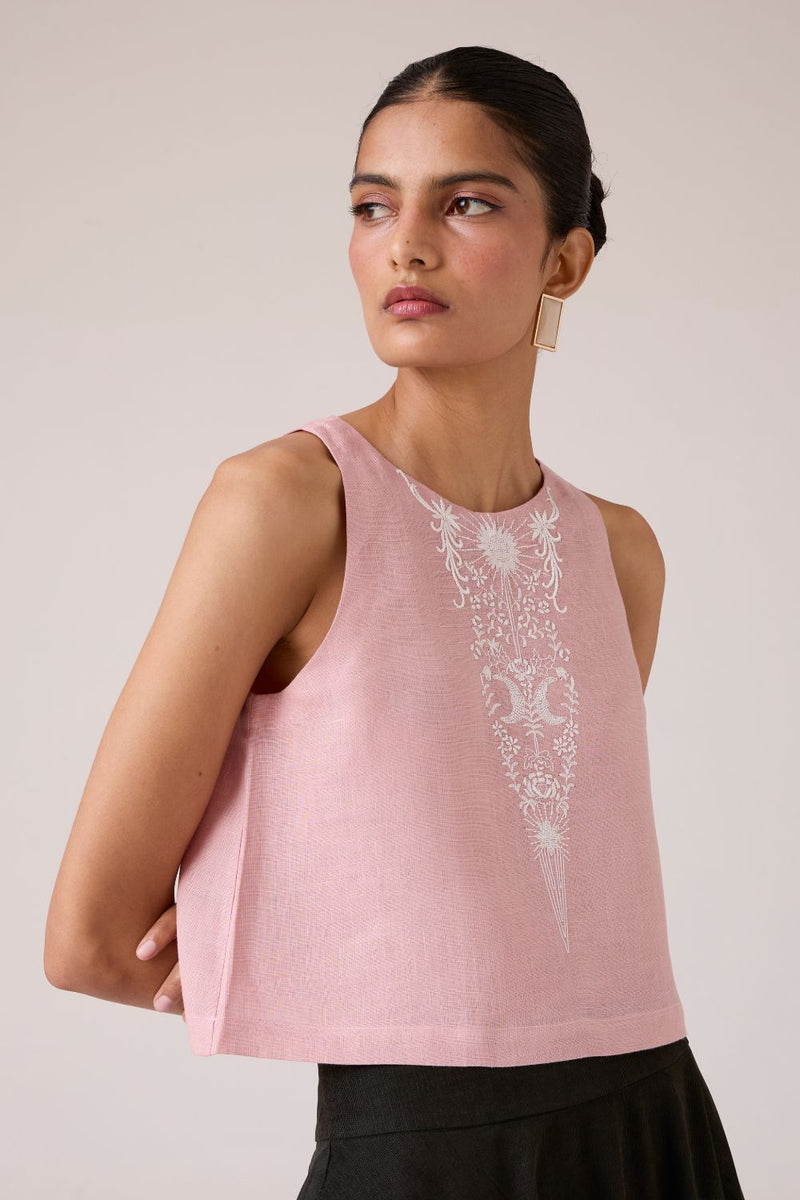 Evora Rose Embroidered Top linen by The Summer House in pink color for women in Singapore