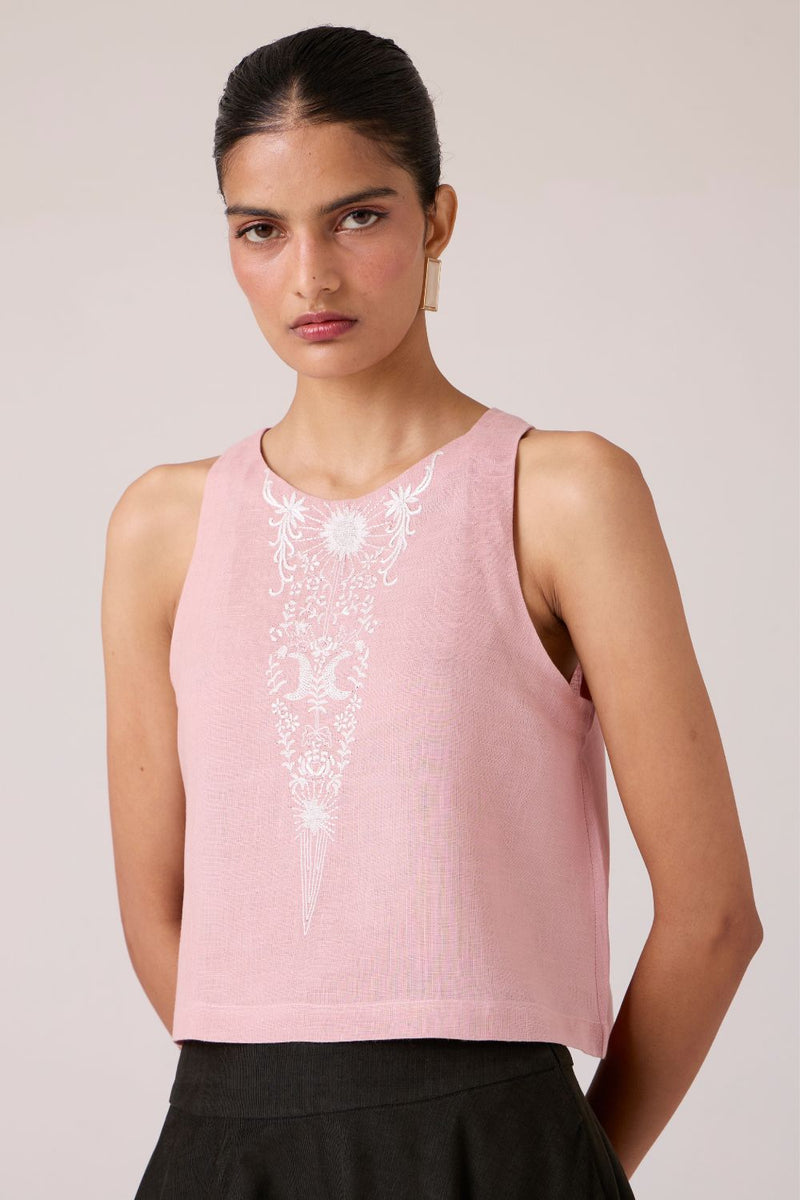 Evora Rose Embroidered Top linen by The Summer House in pink color for women in Singapore