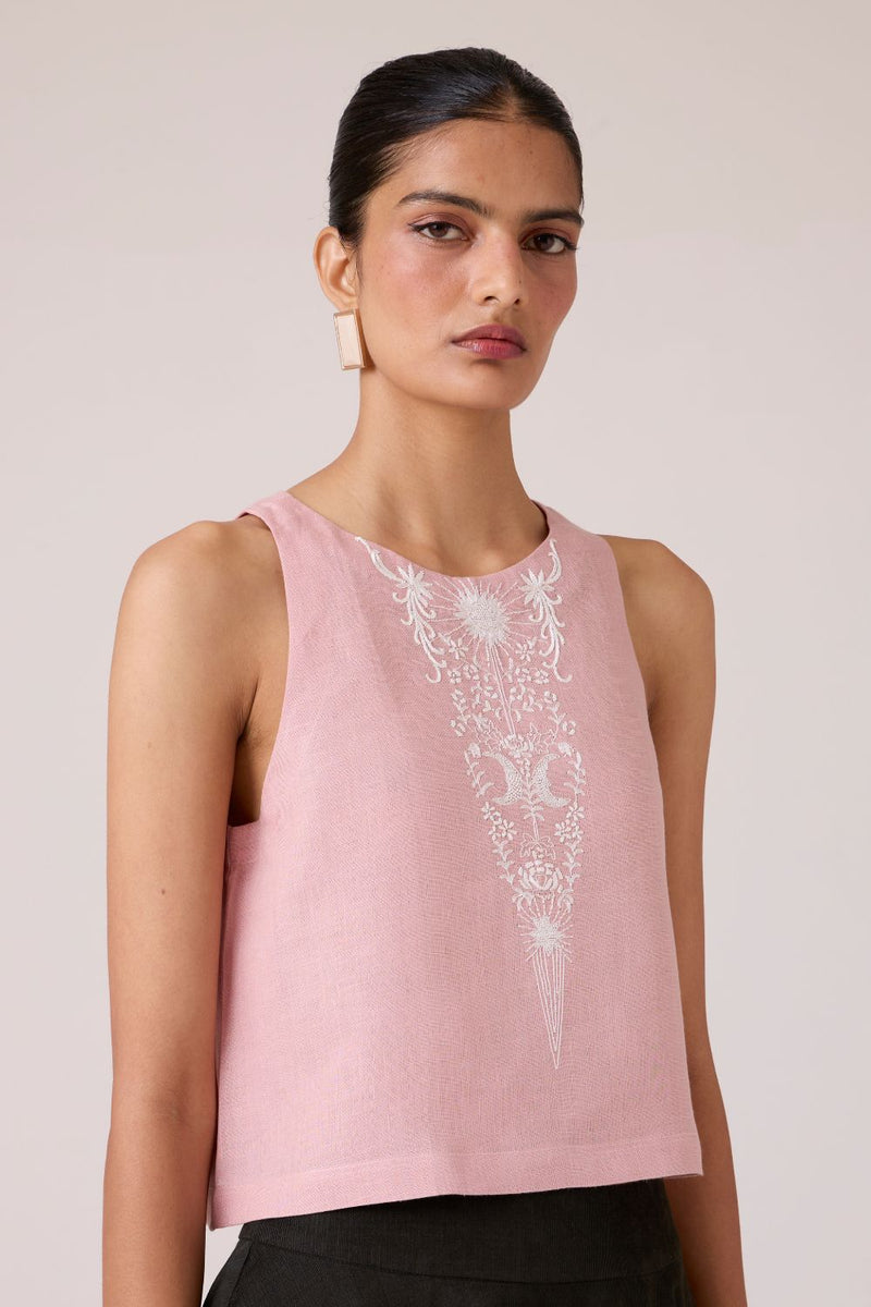 Evora Rose Embroidered Top linen by The Summer House in pink color for women in Singapore