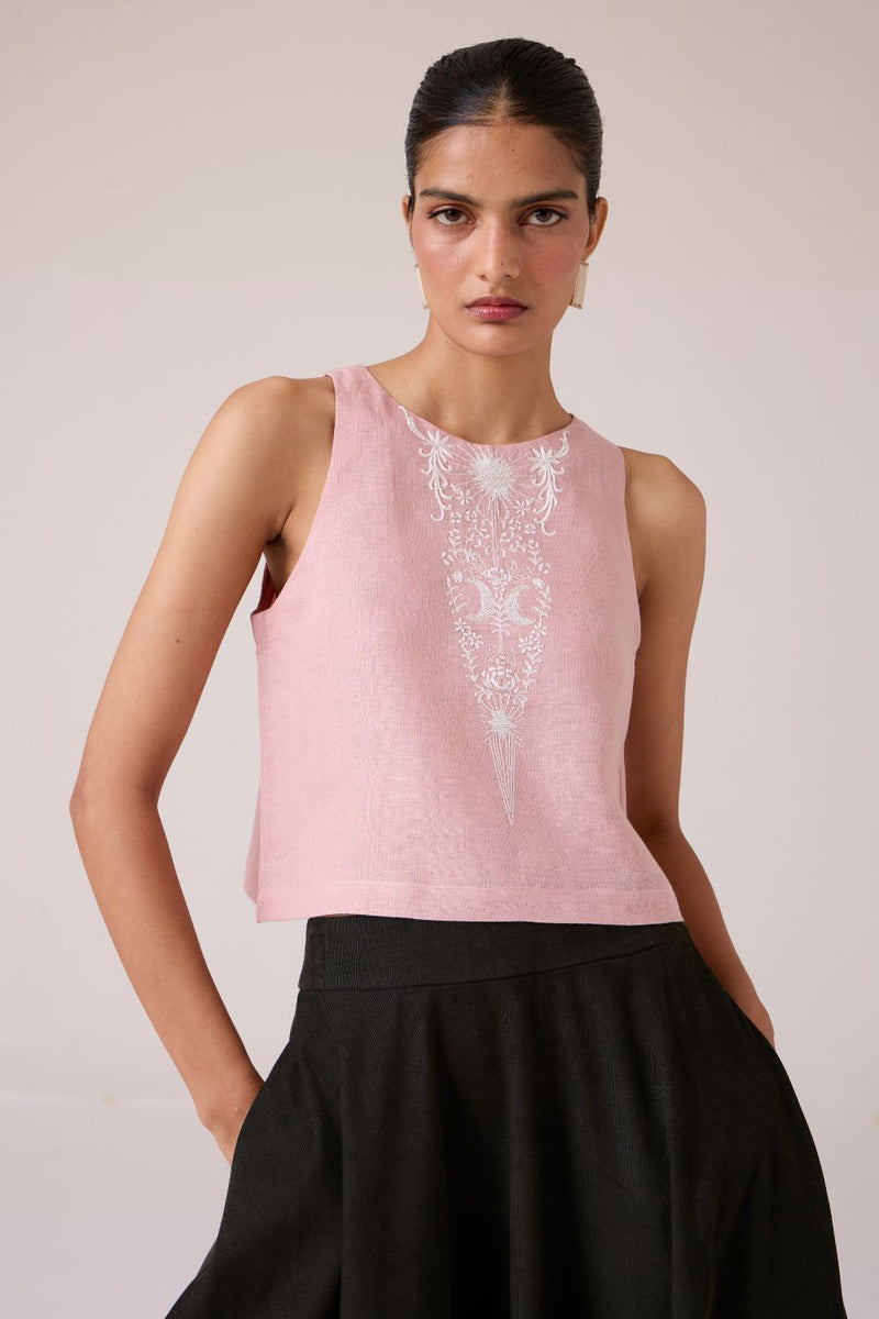 Evora Rose Embroidered Top linen by The Summer House in pink color for women in Singapore