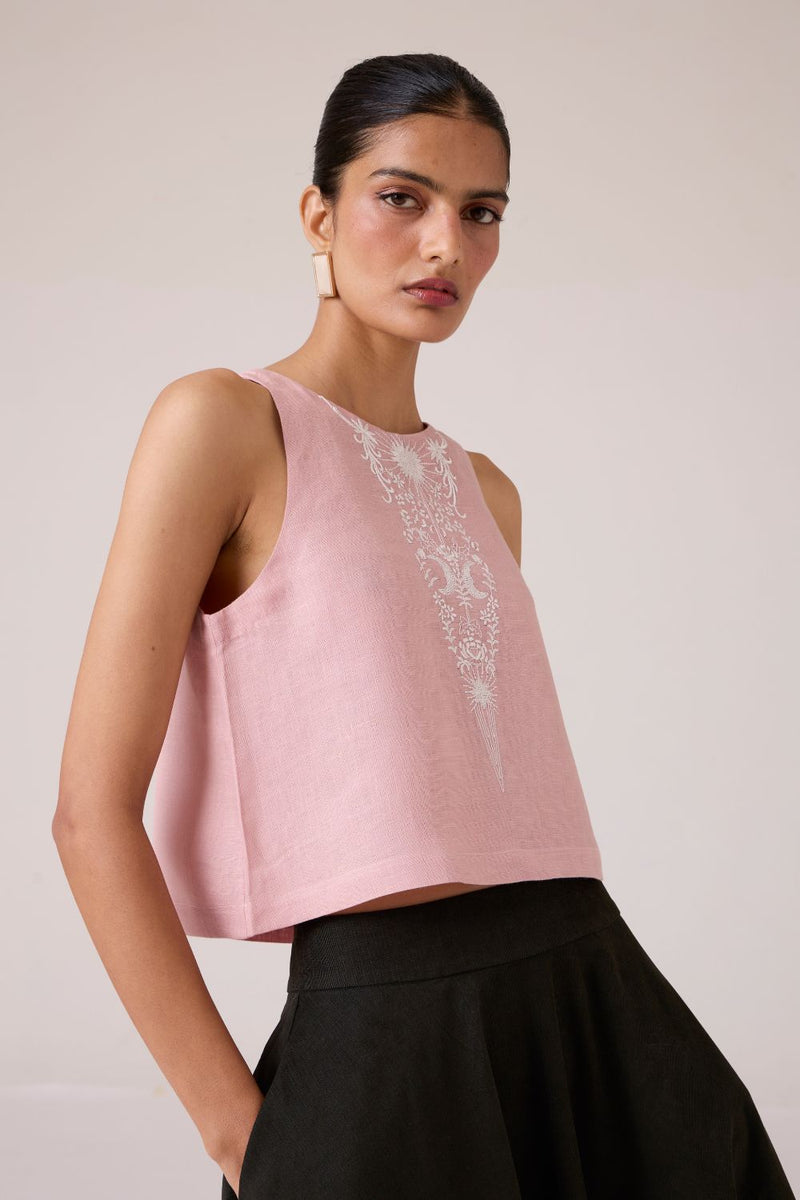 Evora Rose Embroidered Top linen by The Summer House in pink color for women in Singapore