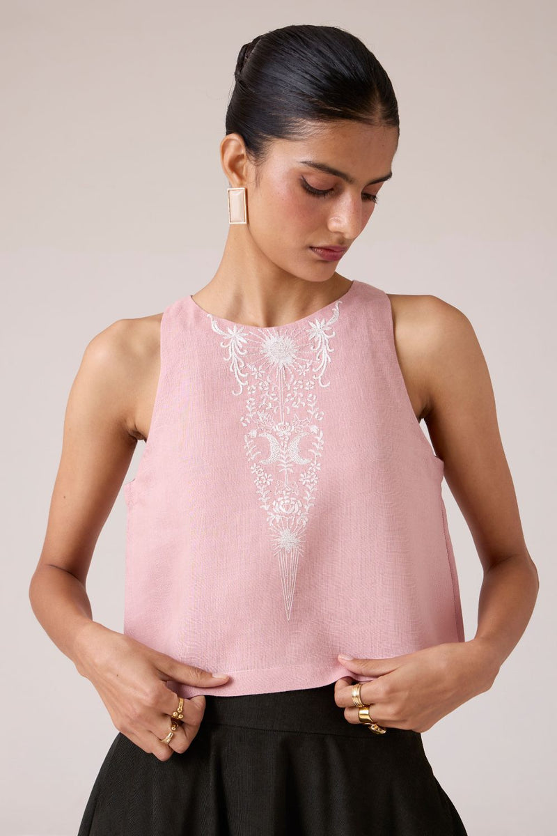 Evora Rose Embroidered Top linen by The Summer House in pink color for women in Singapore