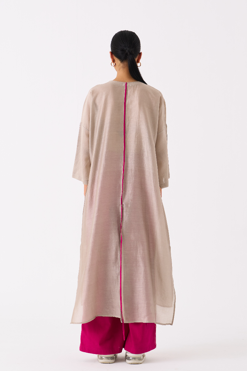 PANELLED TUNIC CO-ORD 
(SET OF 2)-ASH GREY & FUSCHIA chanderi by THREE in multi color for women in Singapore