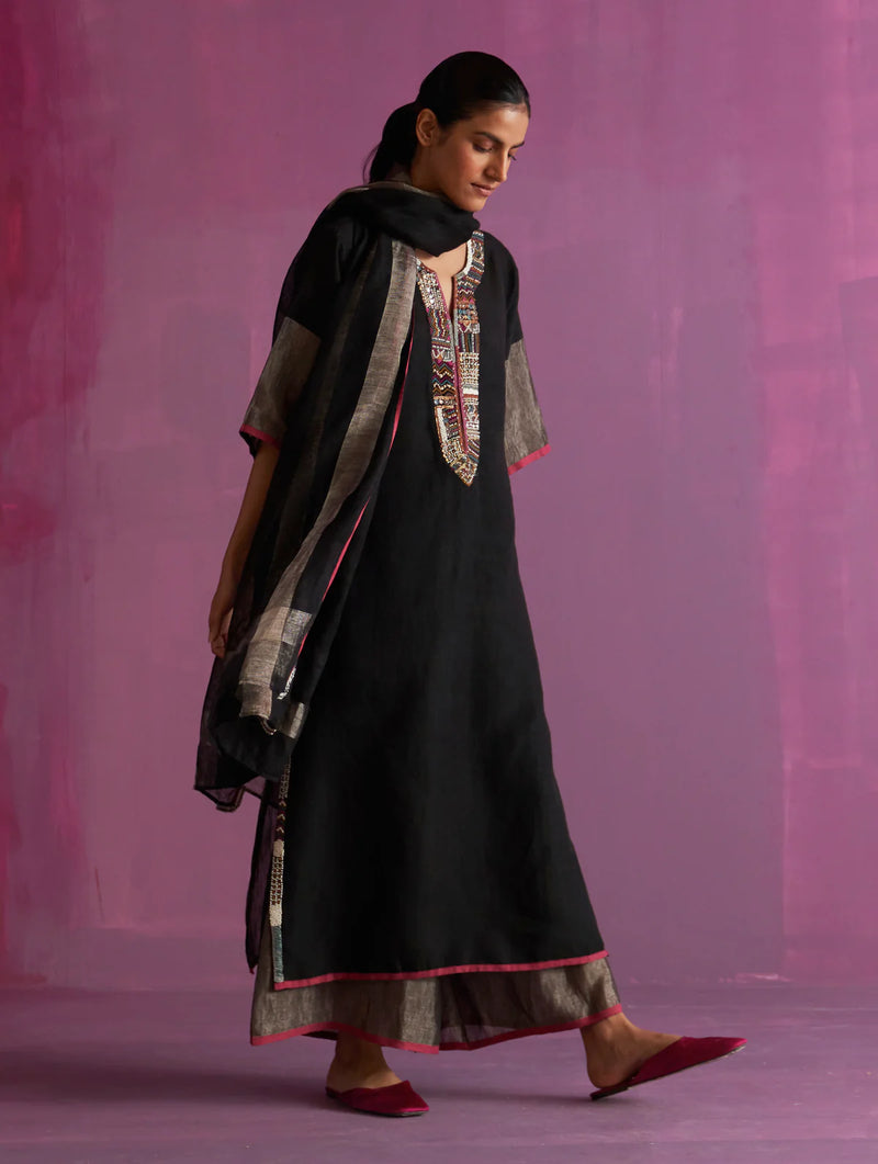 Mato Hand-Embroidered Kurta Set - Black linen by Manan in black color for women in Singapore
