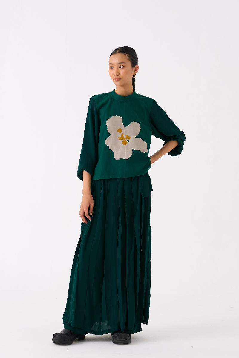 FLORAL APPLIQUE TOP-DARK GREEN poplin by THREE in green color for women in Singapore