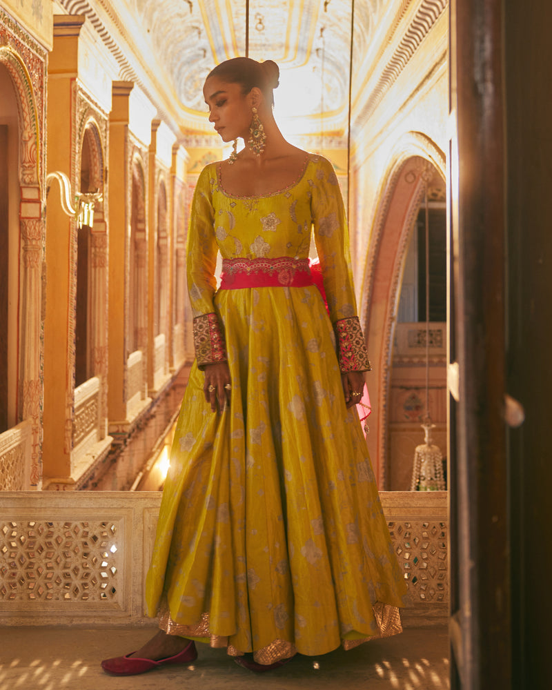 Khel Yellow Printed Tissue Anarkali silk by Rajiramniq in multi color for women in Singapore