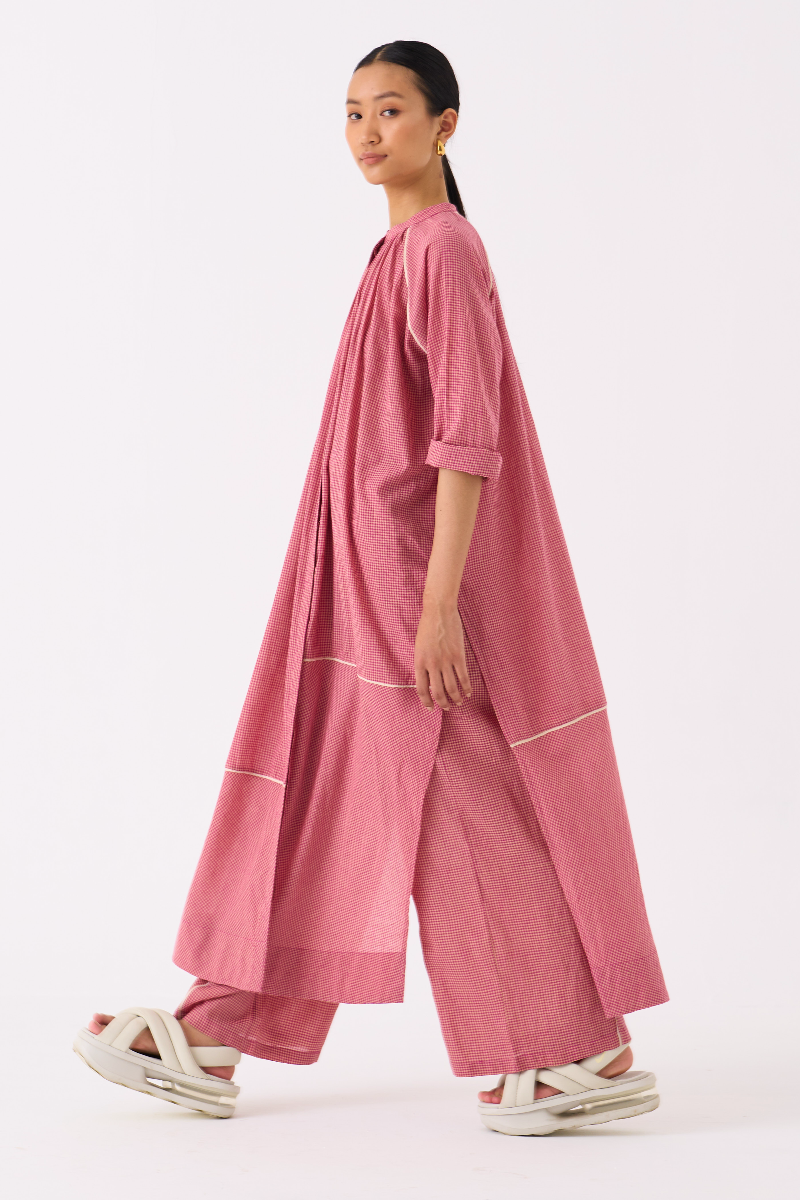 GATHER NECK SHIRT-PINK CHECK mul by THREE in pink color for women in Singapore