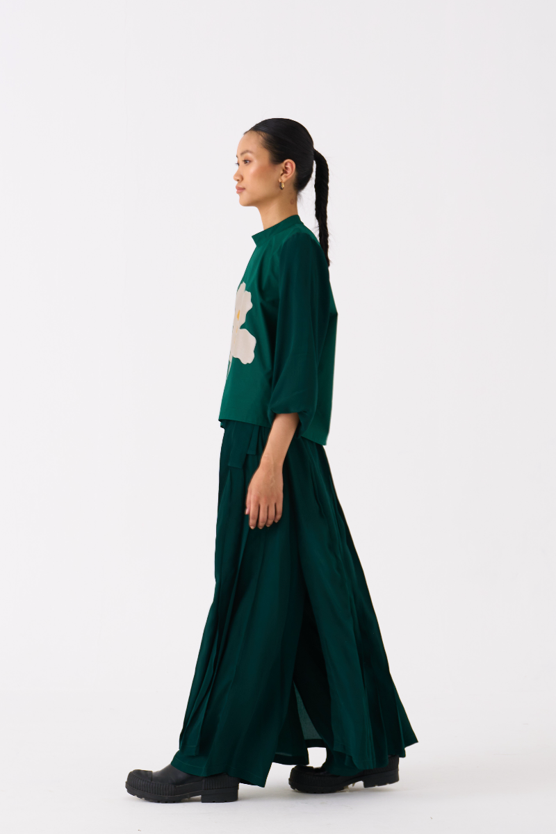 FLORAL APPLIQUE TOP-DARK GREEN poplin by THREE in green color for women in Singapore