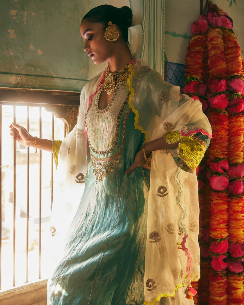 Khel Teal Tissue Yoke Kurta Set silk by Rajiramniq in multi color for women in Singapore