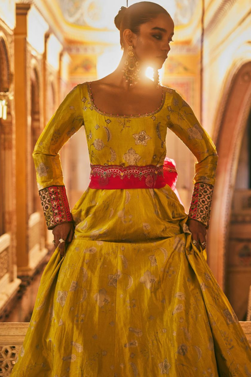 Khel Yellow Printed Tissue Anarkali silk by Rajiramniq in multi color for women in Singapore