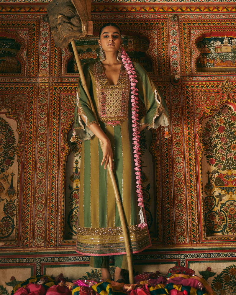 Khel Olive Green Yoke Embellished Kurta Set by Rajiramniq in green color for women in Singapore