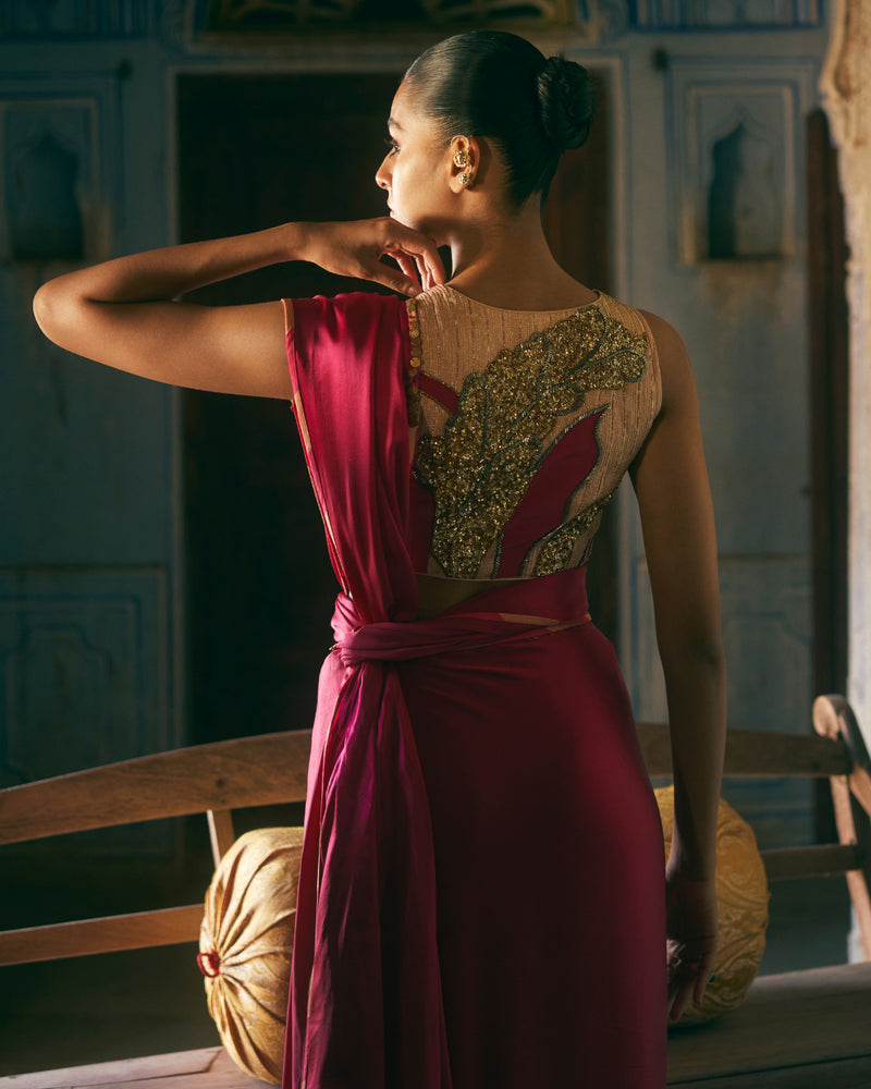 Khel Ruby Red Saree satin by Rajiramniq in red color for women in Singapore