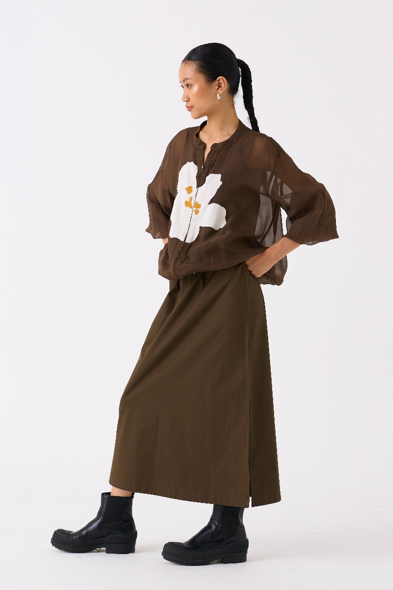 FLORAL APPLIQUE BOMBER JACKET CO-ORD (SET OF 2)-DARK OLIVE poplin by THREE in olive color for women in Singapore