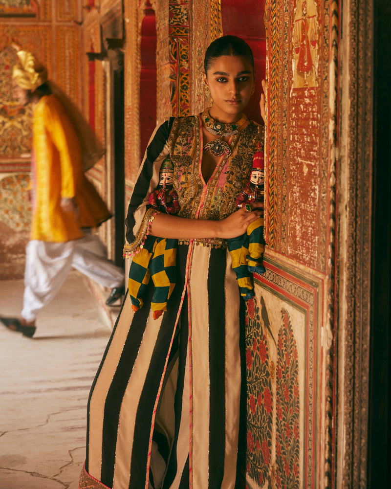 Khel Black And White Yoke Embelished Jacket Kurta Set by Rajiramniq in black color for women in Singapore