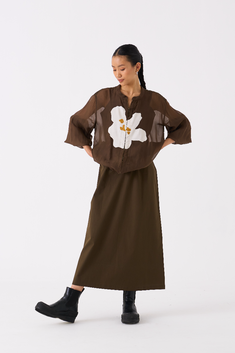 FLORAL APPLIQUE BOMBER JACKET CO-ORD (SET OF 2)-DARK OLIVE poplin by THREE in olive color for women in Singapore