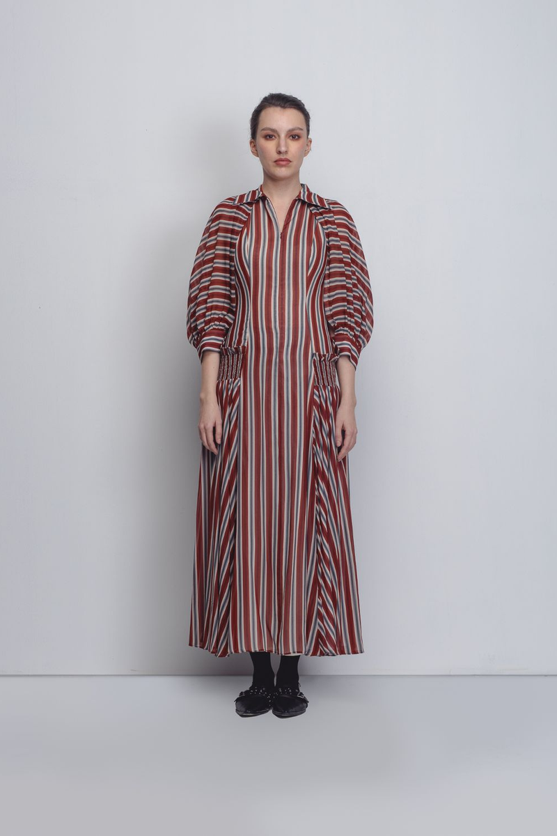 Farah Dress - Rust / Black / Off - White Stripes Buy Farah Dress - Rust / Black / Off - White Stripes from C&W | Dresses for Women by Leh Studios in rust color for women in Singapore