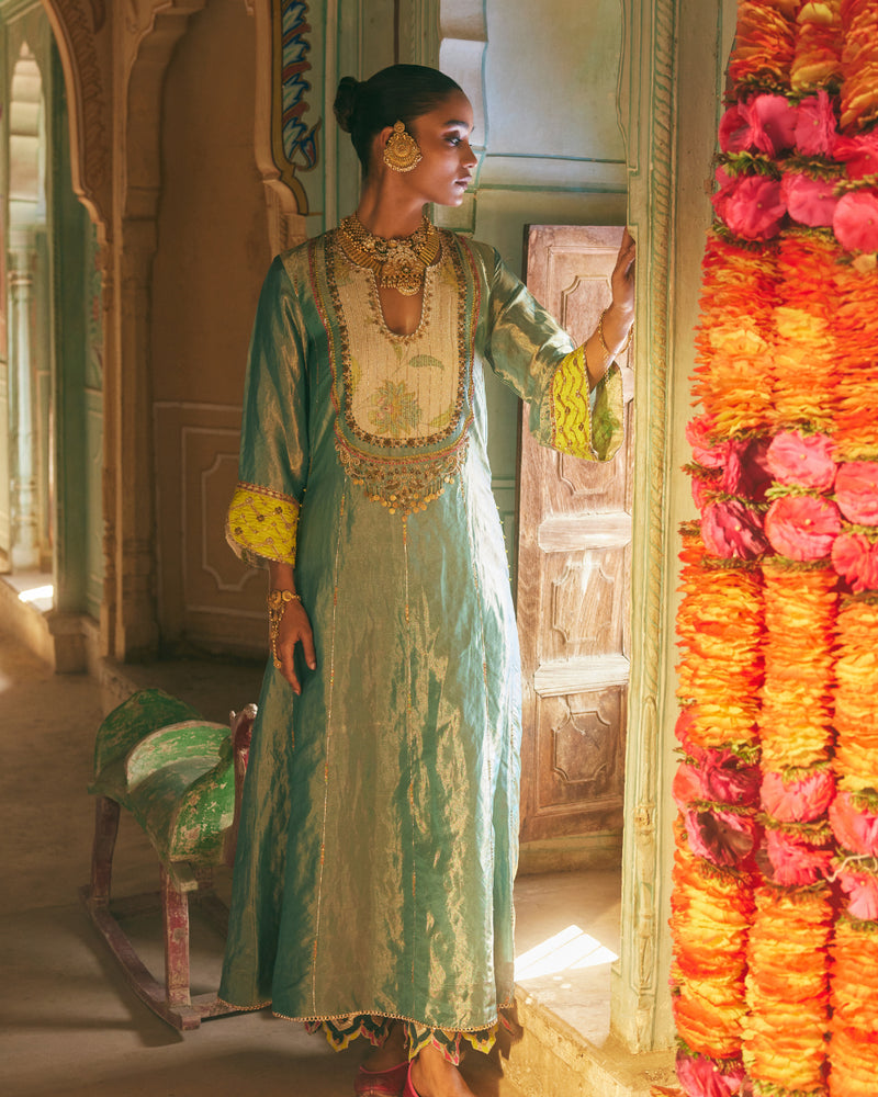 Khel Teal Tissue Yoke Kurta Set silk by Rajiramniq in multi color for women in Singapore
