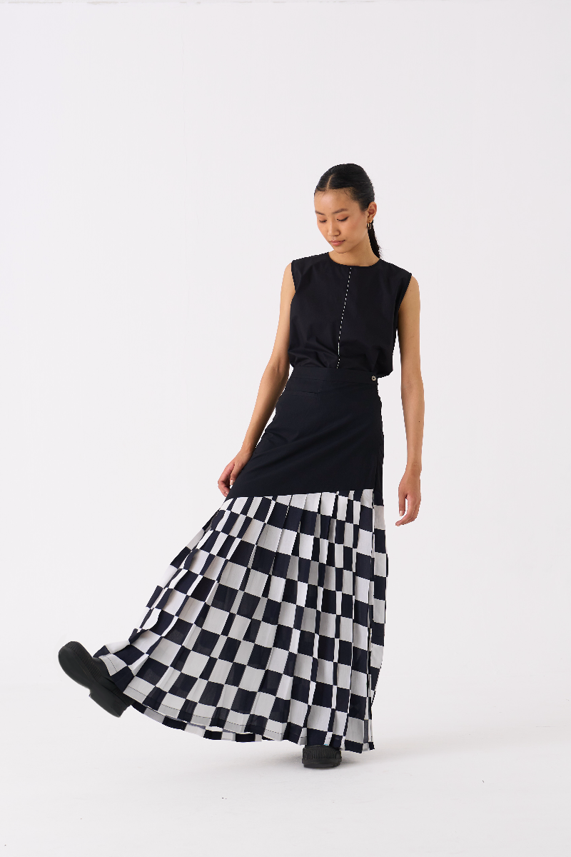 CHECKERED SKIRT-BLACK CHECK bemberg by THREE in black color for women in Singapore