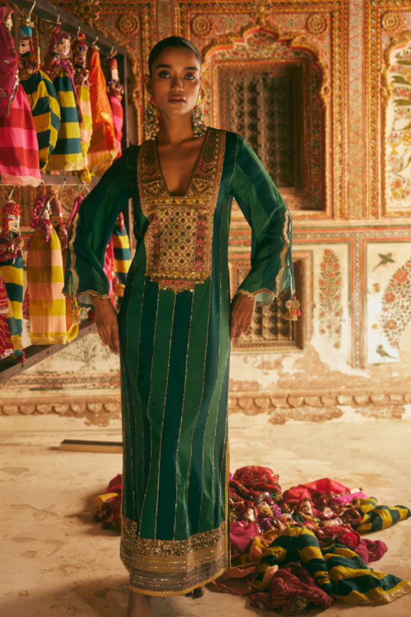 Khel Teal Green Stripe Kaftan Dress by Rajiramniq in green color for women in Singapore