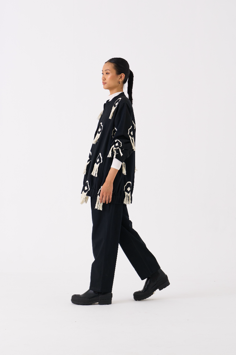 FRINGE BOMBER JACKET CO-ORD 
(SET OF 2)-BLACK by THREE in black color for women in Singapore