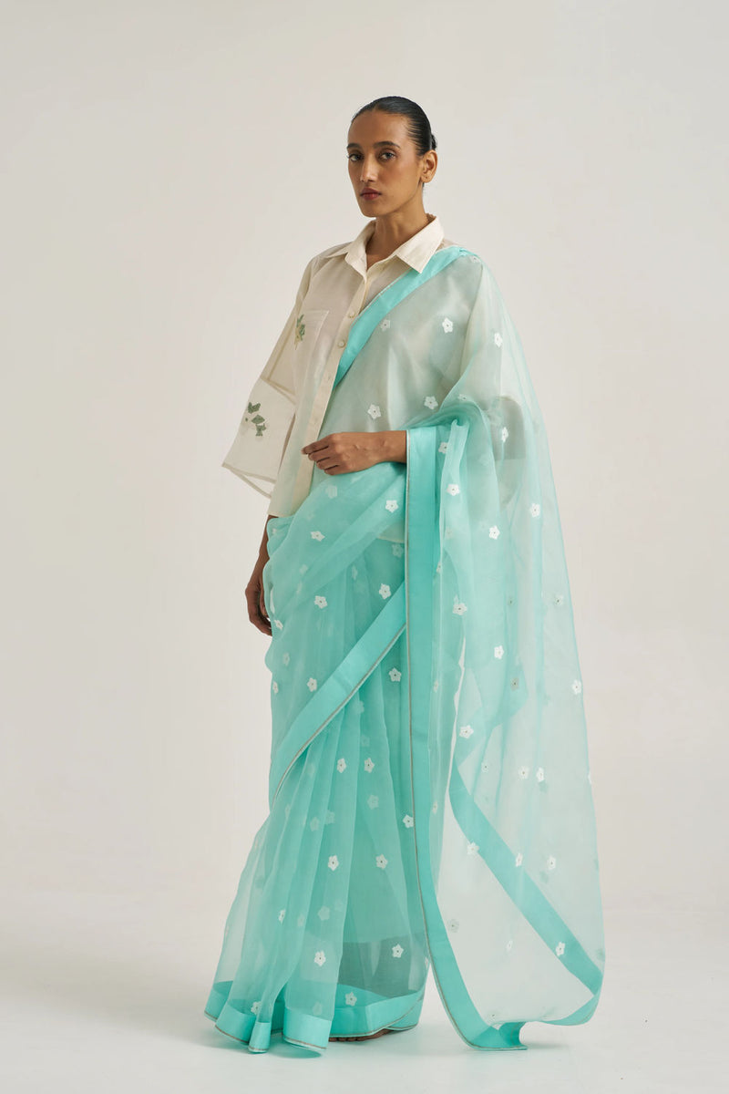 Femmora Sari-Blue handwoven organza silk by Suparna Som in blue for women in Singapore
