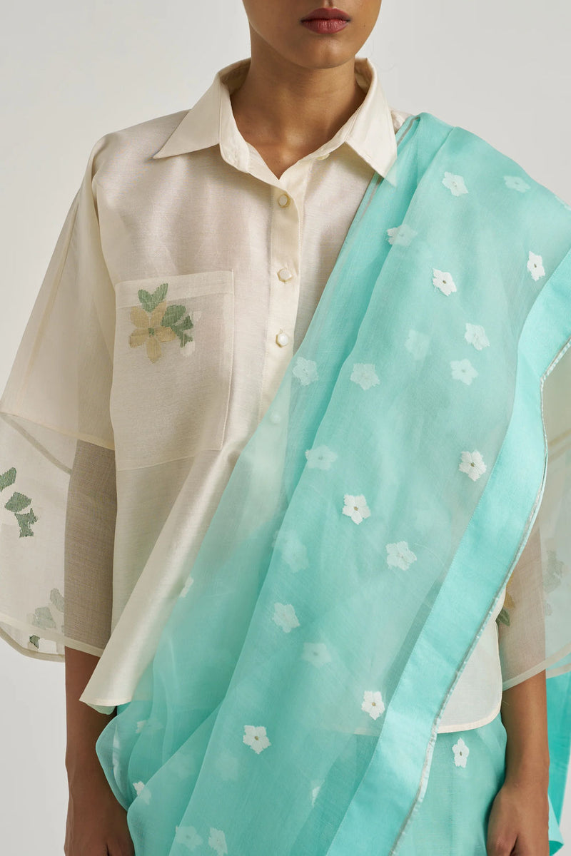 Femmora Sari-Blue handwoven organza silk by Suparna Som in blue for women in Singapore