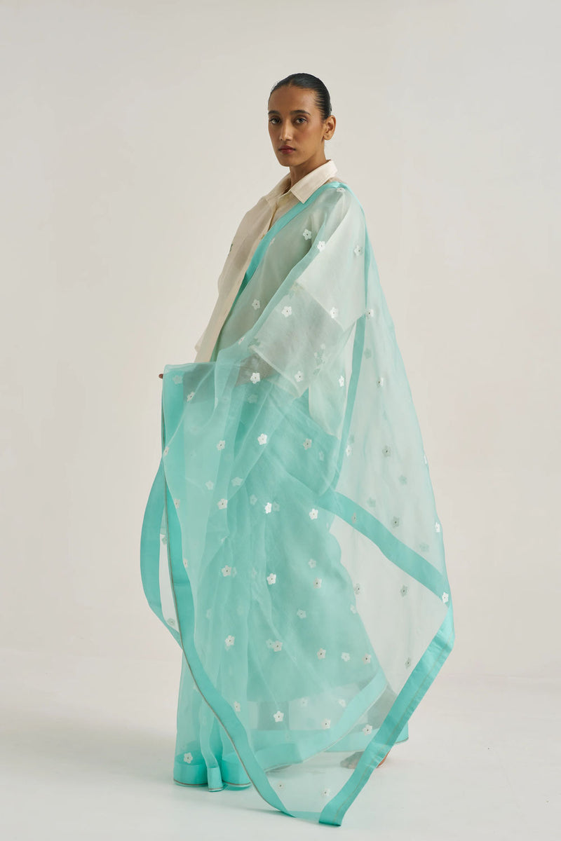 Femmora Sari-Blue handwoven organza silk by Suparna Som in blue for women in Singapore